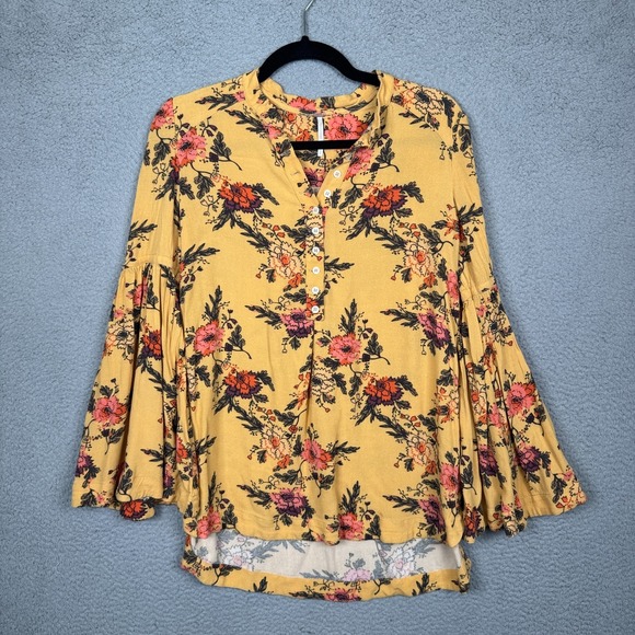 Free People Top Womens S Mustard Floral‎ Easy Girl Bell Sleeve Oversized Boho - Picture 1 of 10